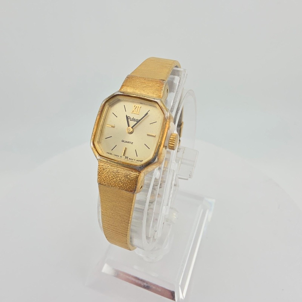 Vtg SEIKO PULSAR Ladies Wrist Watch Cocktail Textured Gold Plated 6" New Battery